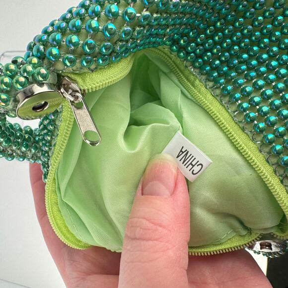 New Green Blue Iridescent Beaded Mesh Teardrop Zipper Wristlet Clutch Bag Purse - Picture 5 of 6
